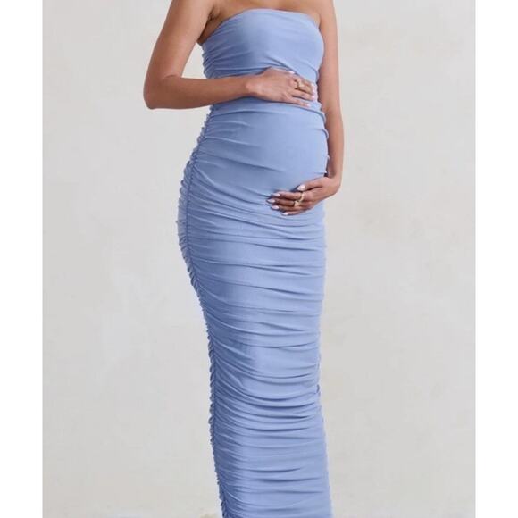 NWT CLUB L LONDON Maternity Blue Strapless Bodycon Ruched Mesh Midi Dress US 8 - Picture 6 of 11
